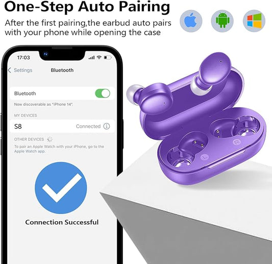 kurdene Wireless Earbuds Bluetooth 5.3 in Ear Buds Light Weight Headphones,Deep Bass Sound,Built in Mics Headset,Clear Calls Earphones for Sports Workout Purple