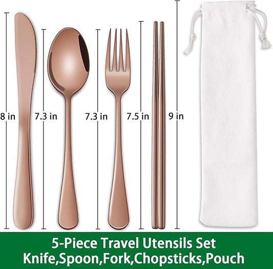 Travel Silverware Set Rose Gold Camping Picnic Utensils Set With Case Includes Knife Spoon Fork Chopsticks,Office Work Lunch Personal Flatware Set