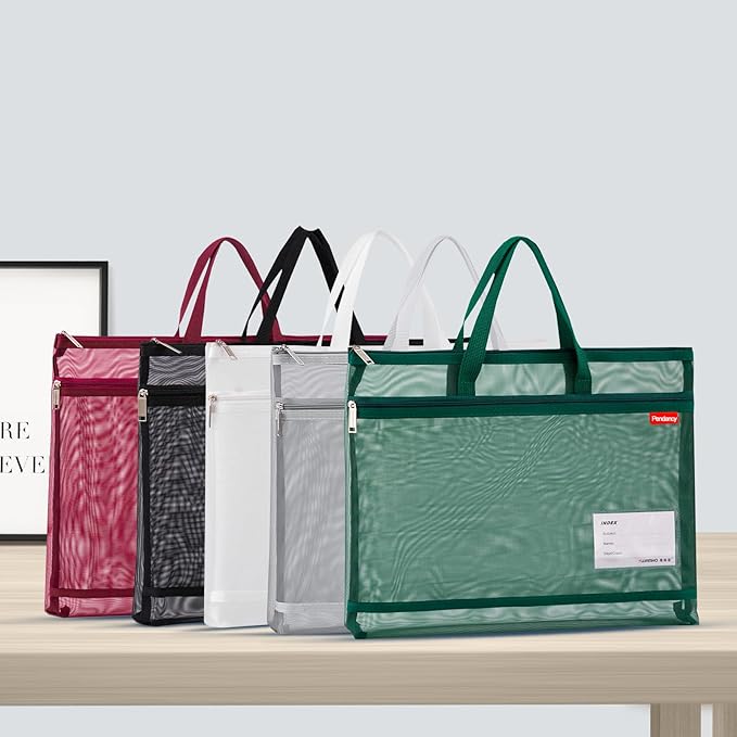 Pendancy Mesh Zipper Pouch A4 Size, Large Double Pocket Lightweight Nylon Transparent File Bag with Handle, 11x13.8 in Foldable Document Storage for Puzzle Project/Cross Stitch/Travel/Office (Green)