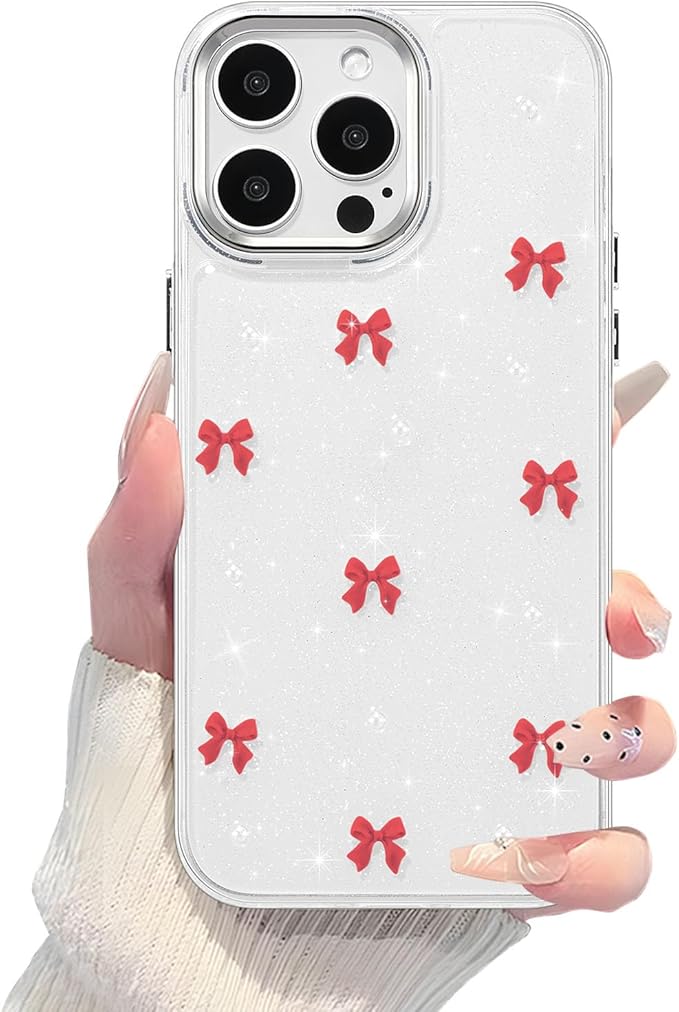EYZUTAK Case for iPhone 13 Pro Max, Bling Glitter 3D Bowknot Phone Case Cute Sparkly Crystal Clear Bow Aesthetic Design Case Slim Soft Durable TPU Transparent Protective Cover for Women Girl-Red Bow
