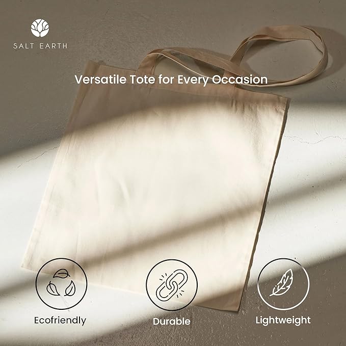 Salt Earth Pack of 5 | 6 | 12 | 24 | 48 – 100% Cotton Reusable Tote Bags – Bulk Grocery, Shopping, DIY, Beach & Gift Use