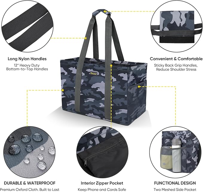 BALEINE Soft 9 Gallon Extra Large Utility Tote, Foldable Reusable Storage Bag (Grey Camouflage)