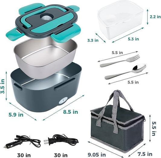 80W Electric Lunch Box for Car & Truck,12V/24V/110V Green Portable Warmer with 304 Stainless Steel Container,Ideal for Drivers & Office(Gray + Blue)