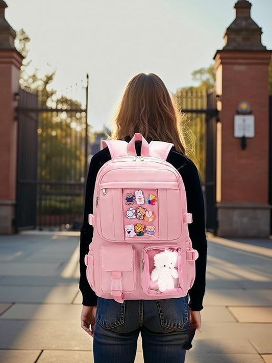 Kawaii Backpack for Teen Girls, Cute Aesthetic High Middle School College Bookbag with Accessories, Pink