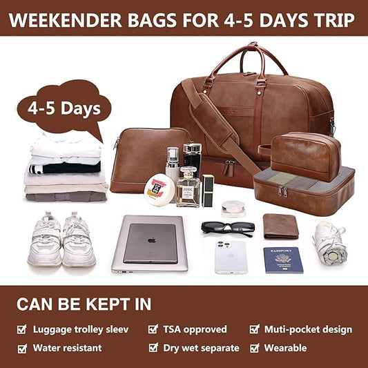 4PCS Duffle Bag for Travel, Weekender Overnight Bag for Women & Men, Large Leather Duffel Carry On with Shoe Compartment, Gym Sports Bag (Brown)