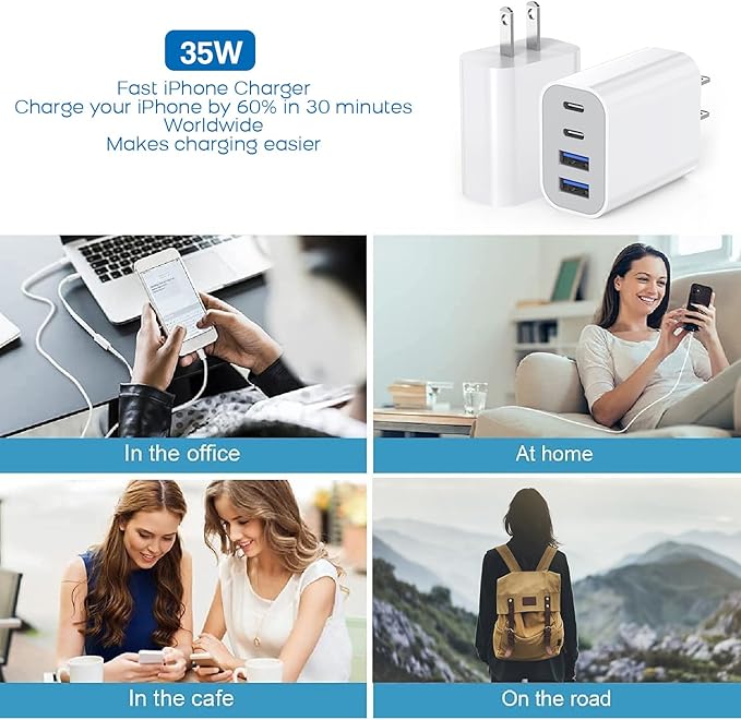 35W Apple iPhone 16 Pro Adapter,3Pack 4-Port Quick Charger Block USB C MultiPort PD Plug Adapter+QC Double Type C Adapter Fast Charging for iPhone 16/16 Pro/15/15 Pro/14/13/12/11 Pro Max/XR/X/8/7/iPad