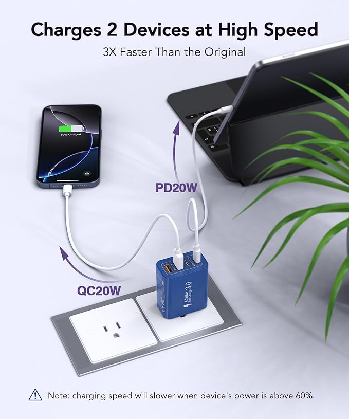 40W USB C Charger Block, 2-Pack 4-Port Type C Fast Charging Brick Dual PD&QC Wall Plug Adapter Power Brick for iPhone 16/Pro/Pro Max/PLUS/15/14/13/12/iPad/Airpods/iwatch/Samsung Galaxy (Blue)