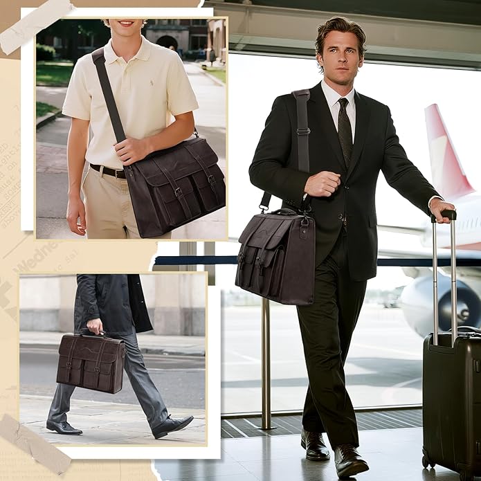 RAINSMORE Mens Messenger Bag 17 Inch Vintage Leather Laptop Briefcase Magnetic Closure Large Satchel Computer Shoulder Bag
