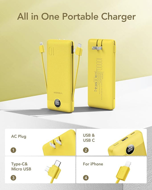 VEGER Portable Charger with Built-in AC Plug and Cables, All in One 10000mAh Ultra-Slim Power Bank, 15W Fast Charging for iPhone, Samsung, Android, Travel Essential (Yellow)