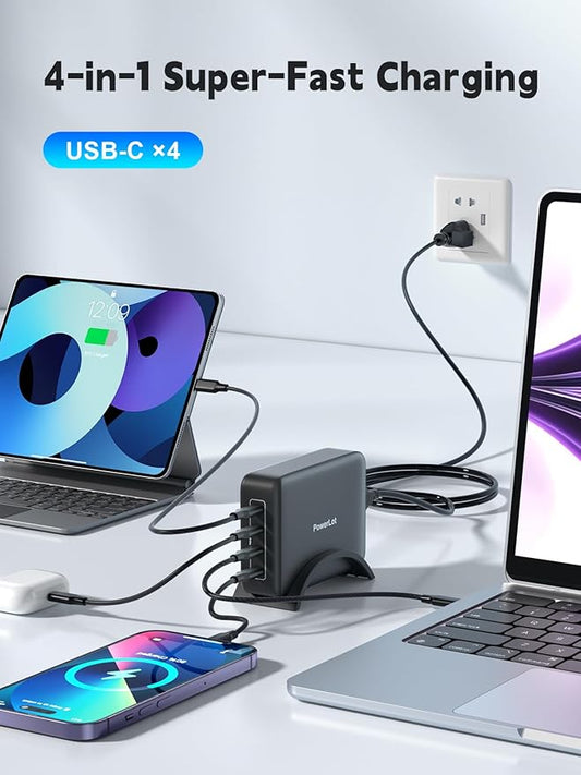 PowerLot 240W 4-Port USB-C PD 3.1 Power Station, 140W Fast Charging for MacBook Pro,Samsung, 100W×4 USB-C Travel Charger with Overload Temperature Protection