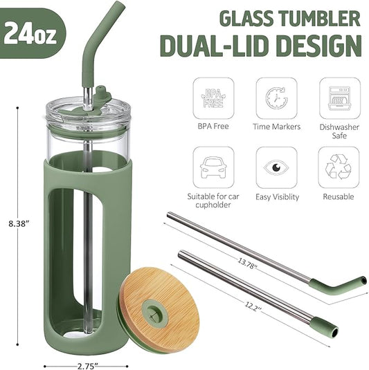 Kodrine 24oz Glass Tumbler with 2 Lids and Straws, Glass Cup With Bamboo Lid and On-the-go Lid, Reusable Iced Coffee Cup, Ideal for Smoothie, Cold Drinks, Fit Cup Holder, BPA Free (1, Olive)