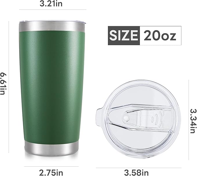 20 oz Tumbler with Lid Stainless Steel Insulated Tumblers Bulk Double Wall Vacuum Cups Powder Coated Travel Mug Keep Drinks Cold and Hot, Dark Green, 12 Pack
