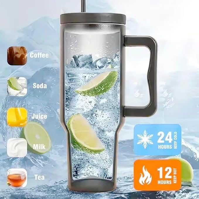 Outdoor Tumbler, 40 oz, Double-Wall Insulated, Ergonomic Handle with Lid Straw (Black)