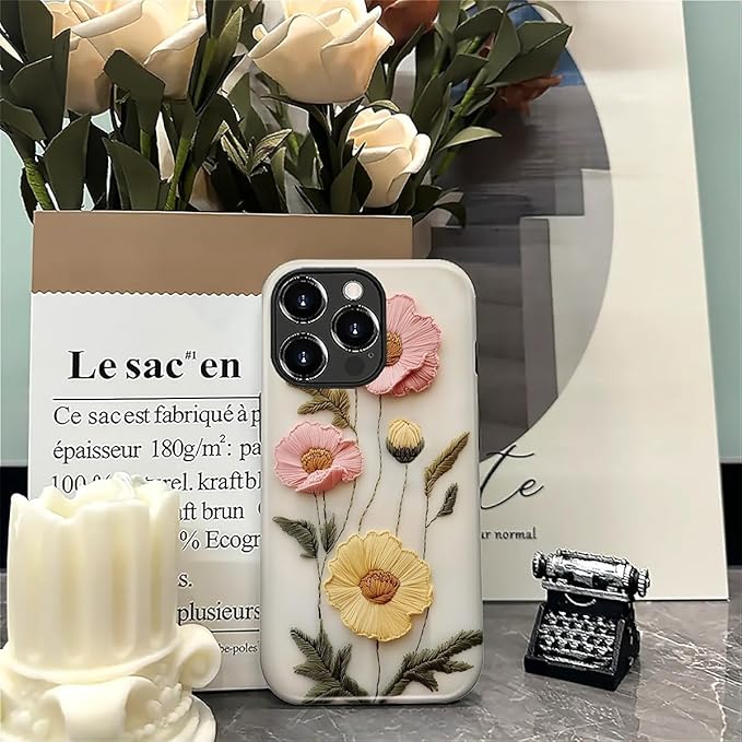 Case for iPhone 16 Pro Max Case,Faux Embroidery Boho Floral Design - Hybrid Dual Protection Silicone + Hard PC Shockproof Full Body Cover Slim Anti-Scratch Protective Case for Men Women