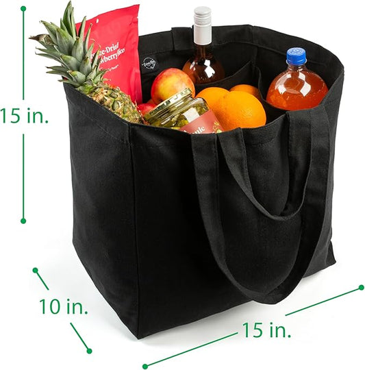 VeraMia Canvas Grocery Bag 3pc XL Set with Real Pockets, Long Shoulder Strap and Short Handle. Heavy Duty, Foldable, Washable
