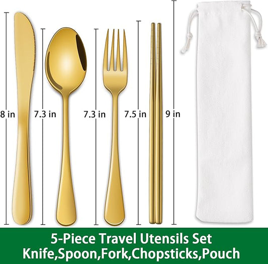 Gold Travel Utensils Set With Pouch,Outdoor Camping Silverware Set For Picnic Gadgets,Set Of 5 Portable Cutlery Spoon And Fork Set With Case For Dining