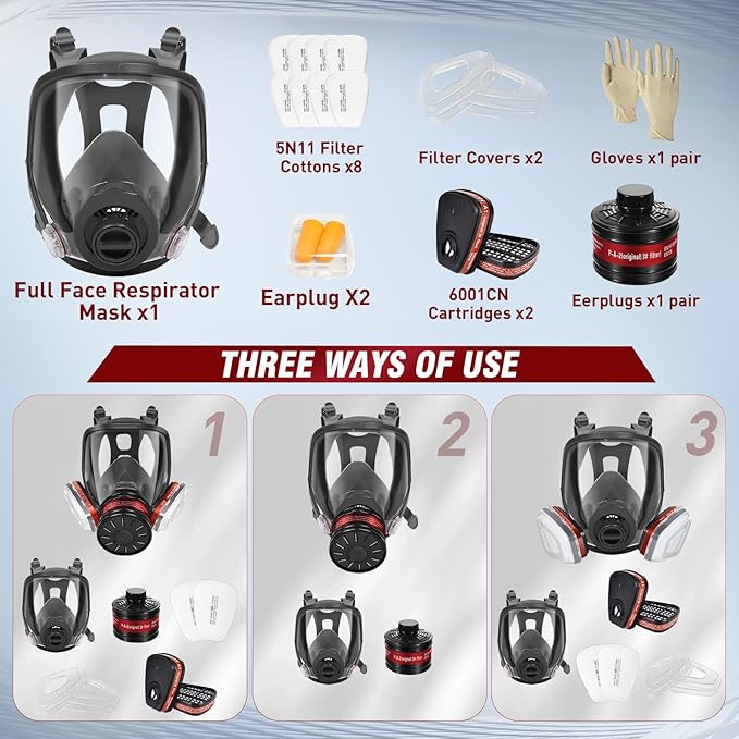 2 Set Gas Masks Survival Nuclear and Chemical - Full Face Gas Mask with 40mm Activated Carbon Filter, 6001 Filters, Earplug, and Gloves - Respirator Mask for Gases, Chemicals, Organic Vapors, Dust