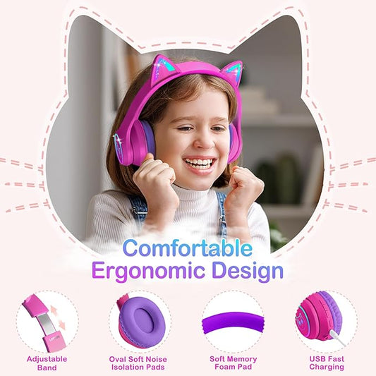 LOBKIN Bluetooth 5.4 Kids Headphones with Case - RGB LED Light Up Cat Ears Foldable Adjustable Over Ear Headphone Support Wireless or 3.5mm Wired Mode for Toddler & Girls & Boys Teens