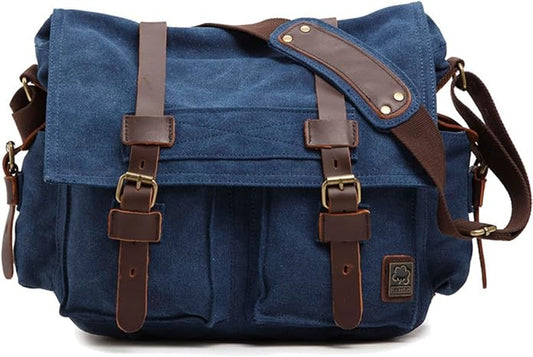 Sechunk Vintage Military Leather Canvas Laptop Bag Messenger Bags Medium