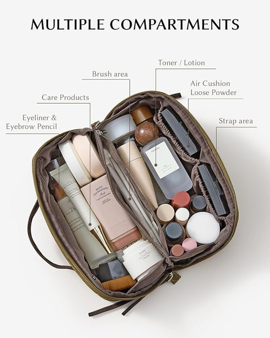 EACHY Travel Makeup Bag, Large Toiletry Bag for Women, Flat-Opening Organizer Pouch with Compartments
