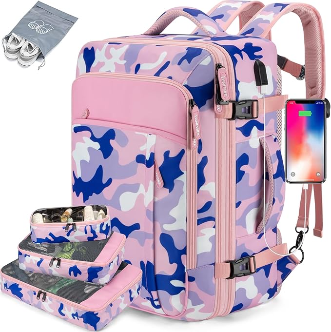 Carry on Travel Backpacks, Extra Large 40L Flight Approved Bag for Men & Women,Expandable Suitcase Backpack With 4 Packing Cubes,Water Resistant Luggage Daypack Business Weekender Bag,Camouflage Pink