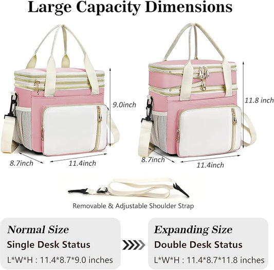 LOKASS Lunch Box for Women, 16L, Double Deck Expandable Insulated Lunch box For Adults/Women Thermal Large Waterproof Leakproof Cooler Bag with Shoulder Strap - Light Pink