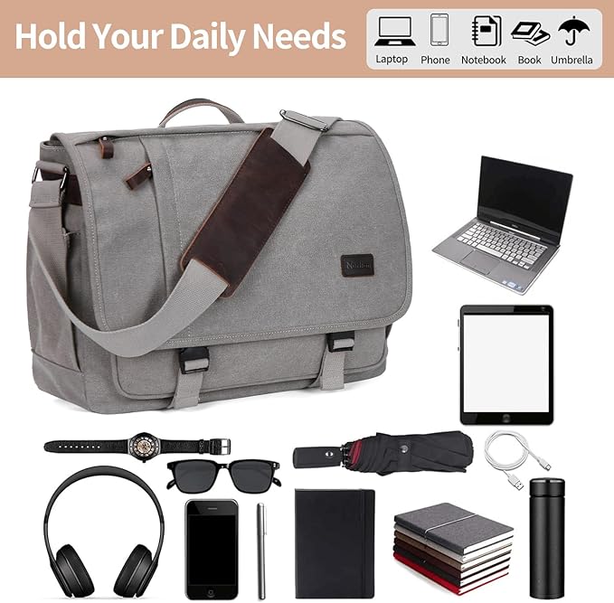 Nerlion Messenger Bag for Men 17-17.3 Inch Laptop Bag Canvas Water-resistant Computer Bag Shoulder Bag Work Briefcase Bookbag for College (Light Gray)
