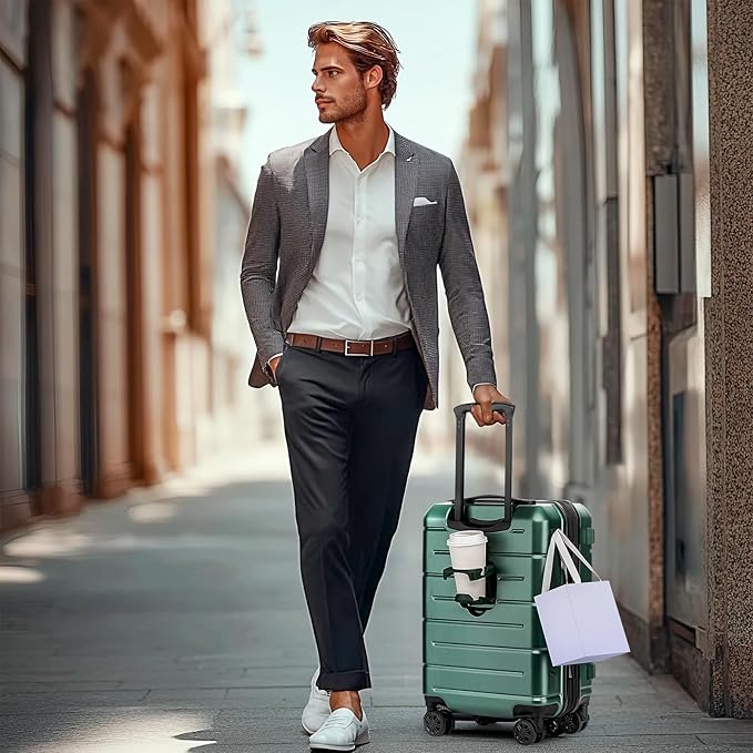 KYME Green Carry On Luggage 22x14x9 Airline Approved Expandable 20 Inch Hardshell Carry On Suitcase with Wheels TSA Lock Small Travel Rolling Luggage with Cup Holder for Men Women