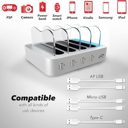 4 Port USB Charging Station - Fast Charging Dock for Multiple Devices Apple - Multi Device Charger Station - Compatible with Apple iPad, iPhone, Android, and Tablet - Charging Rack