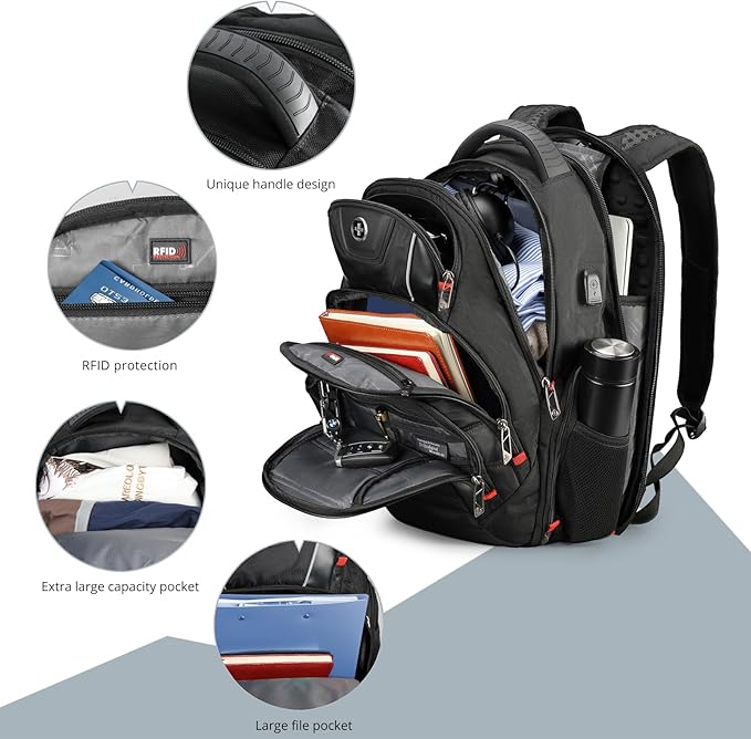 Travel Backpack For Men, Business Laptop Backpack With USB Charging Port, Fits 15.6" Computer, Black