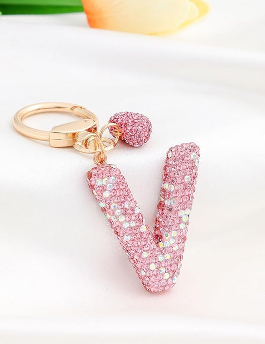Initial Keychain for Women Girls,Bling Letter Key chain Initial with Heart,Pink Keychain Charms for Backpack Handbag