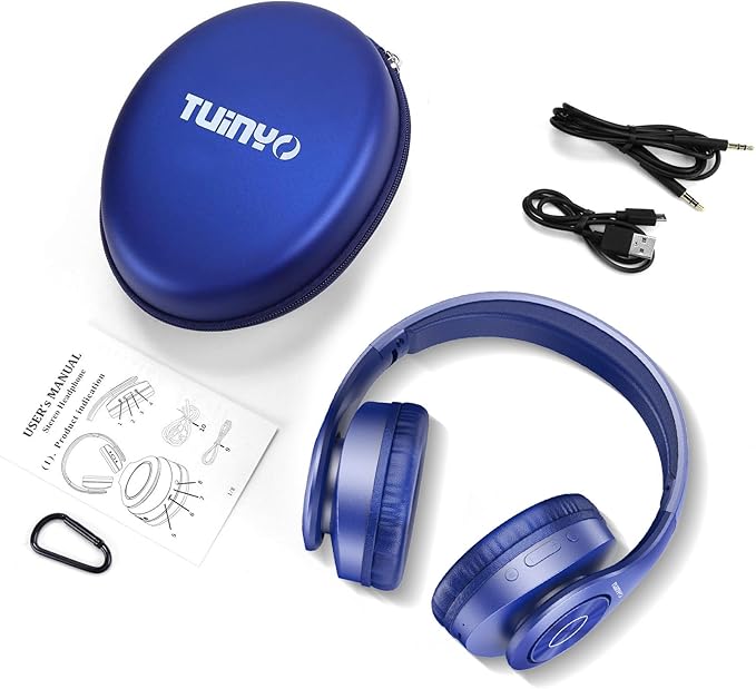 TUINYO Bluetooth Headphones Wireless, Over Ear Stereo Wireless Headset 40H Playtime with deep bass, Soft Memory-Protein Earmuffs, Built-in Mic Wired Mode PC/Cell Phones/TV-Dark Blue