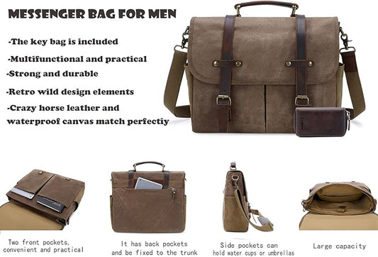 Messenger Bag for Men, Waterproof Genuine Leather Waxed Canvas Briefcase 15.6 Inch Laptop Larger Shoulder Bag with Key Bag