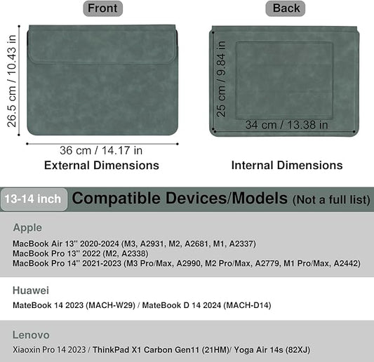 Allinside 13-14 Inch Laptop Sleeve Case for MacBook Pro 14" 2021-2024/MacBook Air 13" 2010-2017/MacBook Pro 13" 2010-2015, Waterproof PU Leather Sleeve Cover with Stand & Accessory Pouch, Dark Green