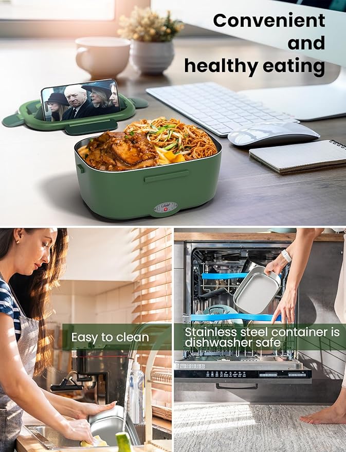 Electric Lunch Box for Adults, 80W Fast Heated Lunch Box with Dual 1.5L Stainless Steel Containers, Portable Food Warmer with Insulated Bag for Car/Office/Outdoor - Lonchera Eléctrica Portátil