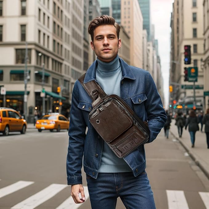 Vintage PU Leather Sling Backpack for Men, Crossbody Bag, Adjustable Shoulder Strap, Compact Backpack for Travel, Daily Use, and Gift, Dark Brown