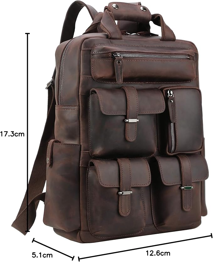 Polare Cowhide Leather Multiple Laptop Backpack Day pack Travel Bag Satchel with YKK Metal Zippers