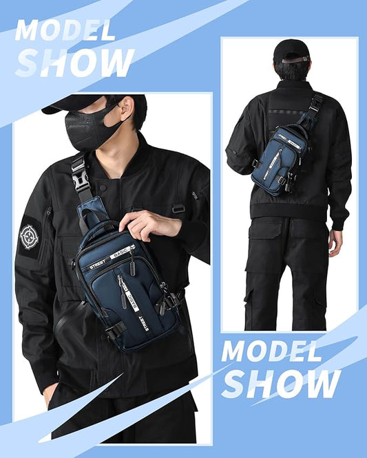 Blue Sling Crossbody Backpack Shoulder Messenger Bag for Men, Mini Anti Theft One Strap Motorcycle Backpack Sling Tactical Chest Bag for Hiking Walking Biking Travel Cycling