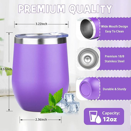 12oz/4 Pack Stainless Steel Wine Tumbler with Lid and Straw, Double Wall Vacuum Insulated Wine Tumbler Glasses, Stemless Travel Mugs for Hot and Cold Drinks, Coffee, Wine, Cocktails