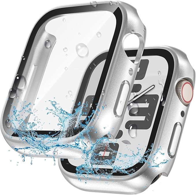 2 in 1 Waterproof Case for Apple Watch Screen Protector 45mm Series 7 8 9 Accessories with Tempered Glass Film Protective & PC Bumper Cover Compatible iWatch 45mm