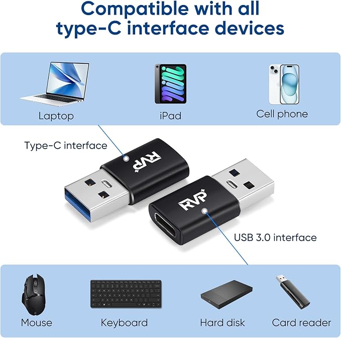RVP+ USB-C to USB-A 3.2 Gen 1 Adapter (2-Pack, Black)
