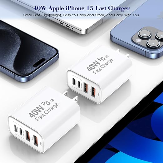 40W iPhone 16 15 Charger Block Fast Charging, 2-Pack USB C Wall Charger, 4-Port Fast USB Wall Adapter PD+QC Multiport Block Cube for iPhone 16/16 Pro/15/14/13/12/11/Pro Max/XS/XR, iPad 12.9