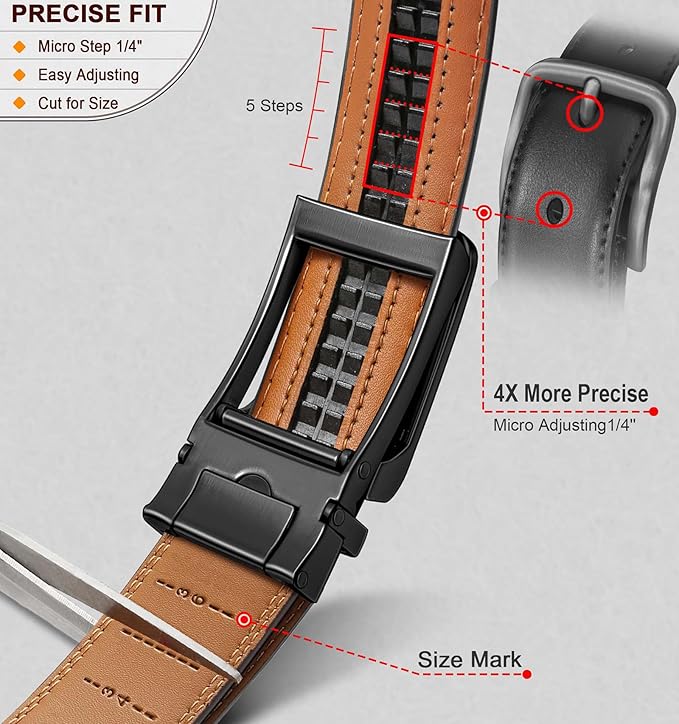 BULLIANT Men Ratchet Belt 2 Pack, Click Sliding Leather Belt Adjustable for Gift Men Dress Casual Jeans 1 3/8,Cut for Fit