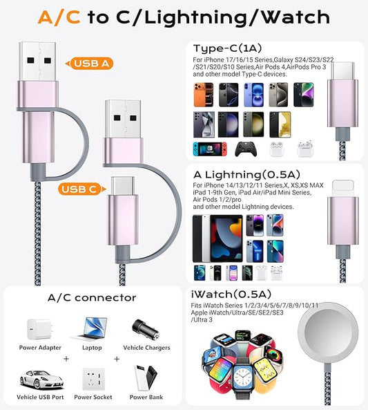 Temdan for Travel Vacation Essentials,3 in 2 USB C Cable for Apple Watch Charger/iPhone 17 Charger/Lightning,Multi Charging Cable Cord,Camping Essentials,Portable Designed for iWatch &iPhone 16-12-6FT