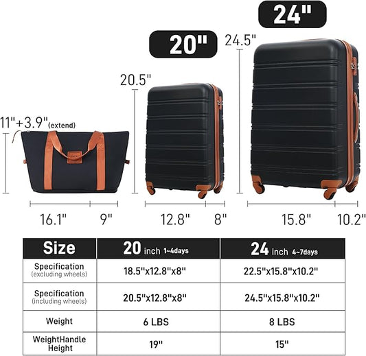 Merax Luggage sets of 3 Piece 20 24 IN Carry on Luggage Hard Case Black and Brown Luggage Expandable Checked Luggage Suitcase Set with Wheels