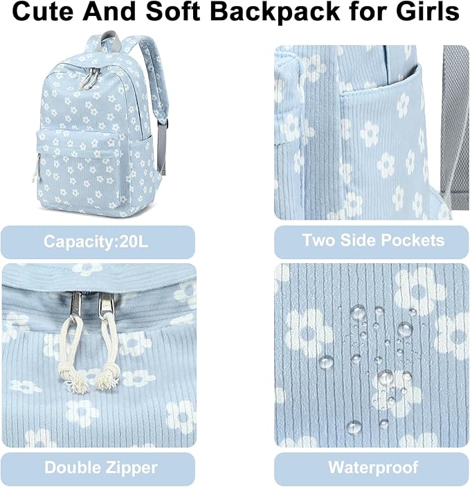 School Backpack for Teens Large Corduroy Bookbag Lightweight 15.6 inch Laptop Bag for Girls Women Casual High School College