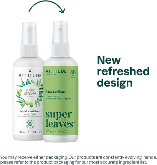 ATTITUDE Hand Sanitizer Spray for Adults and Kids, EWG Verified, Kills Bacteria and Germs, Vegan, Olive Leaves, 3.38 Fl Oz (Spray Bottle) (Pack of 6)