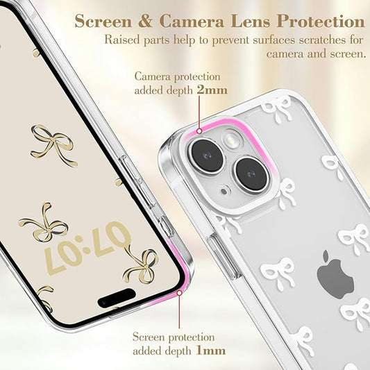EYZUTAK Case for iPhone 13, Clear Cute Ribbon Bowknot Pattern Aesthetic Transparent Phone Case Raised Camera Protection Stylish Slim Soft Durable TPU Protective Cover for Women Girls - White