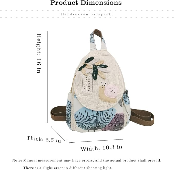 HUANGGUOSHU Women Cotton Woven Hippie Hemp Boho Canvas Embroidery Multi Pocket Retro Cute Backpack Wallet Backpack(Snails)
