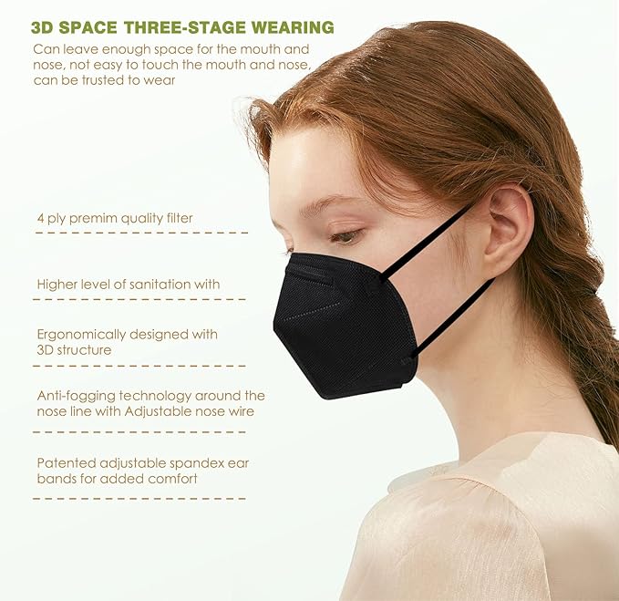 Wecolor KN95 Face Masks 50 Pack 5-Ply Breathable Safety Respirator Cup Dust Disposable KN95 Mask Black